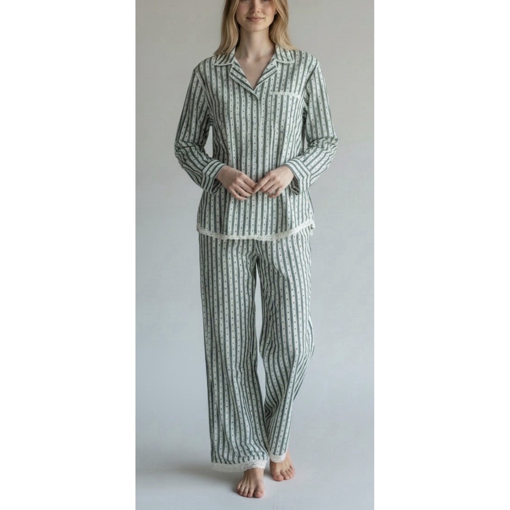 NWT Aerie Flannel PJ Set M Stripe Coquette Heart Lounge Sleepwear Y2K Soft Girl
